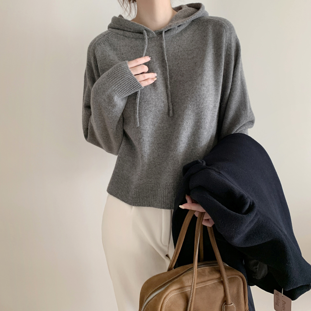 고급스러운 루즈핏 울 후드니트 가을 겨울 여성 니트 티 그레이 아이보리