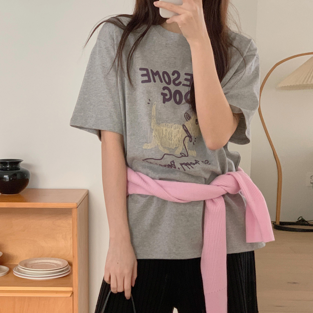 퍼피 오버핏 반팔티셔츠 (2color) 프린팅 루즈핏 코튼 홈웨어 잠옷 면티 - 상품 이미지