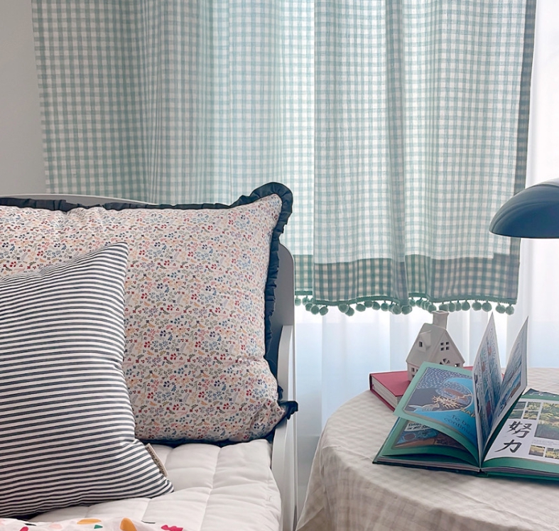 바이아미 멜란 체크 폼폼 아이방 여아 남아 커튼