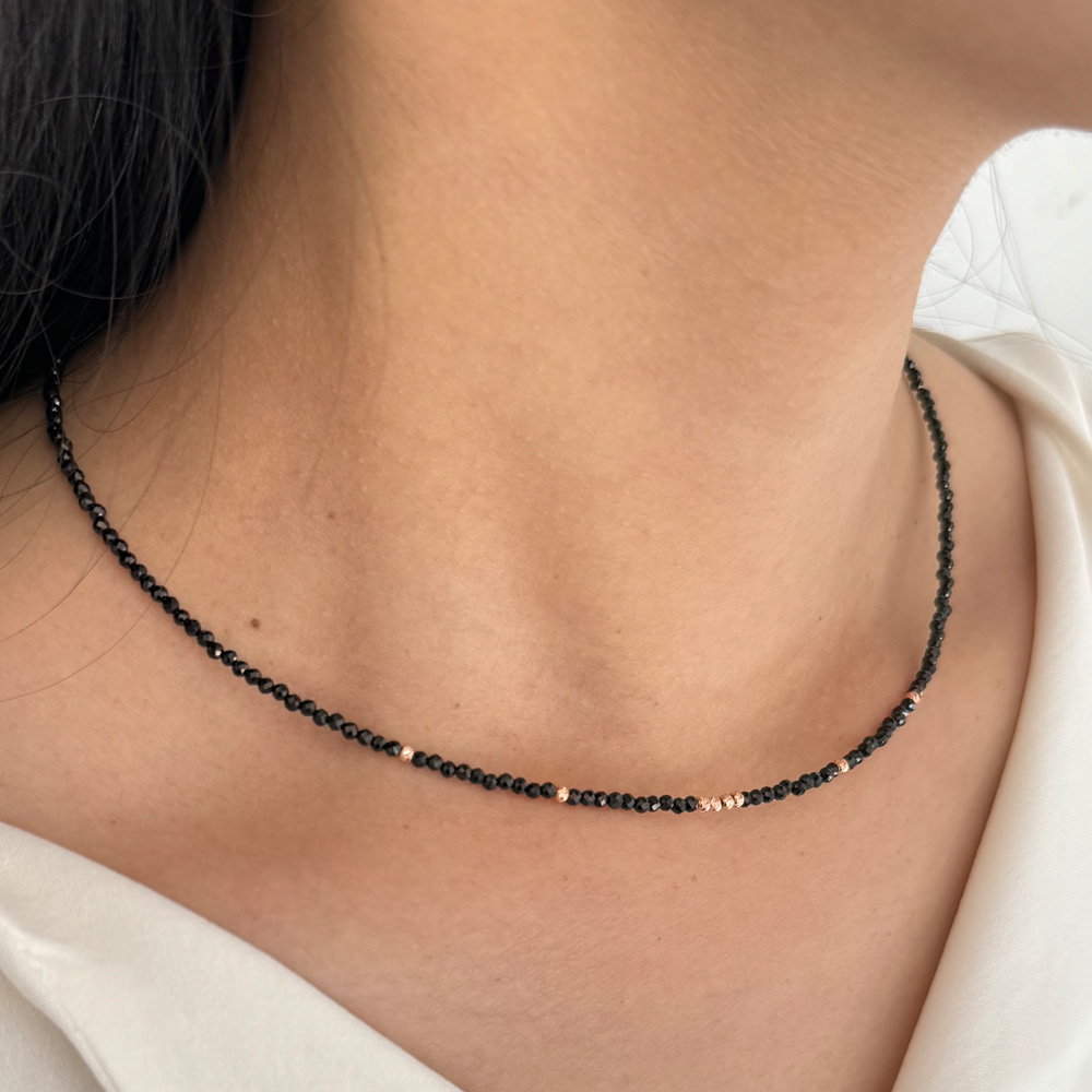 14K 2mm 금 볼 천연 블랙 스피넬 원석 목걸이 - 상세 이미지 2