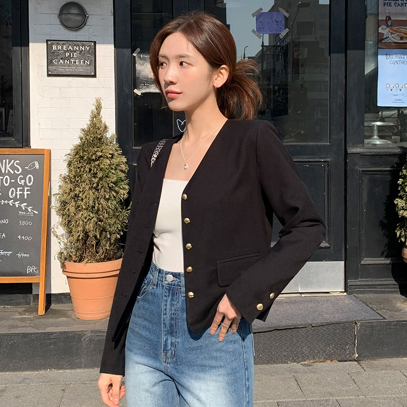 [자체제작] (하객룩) 여성 자켓 브이넥 노카라 자켓 골드버튼 하객룩 오피스 가을 정장 아우터 데일리 jk2977 - 상세 이미지 2