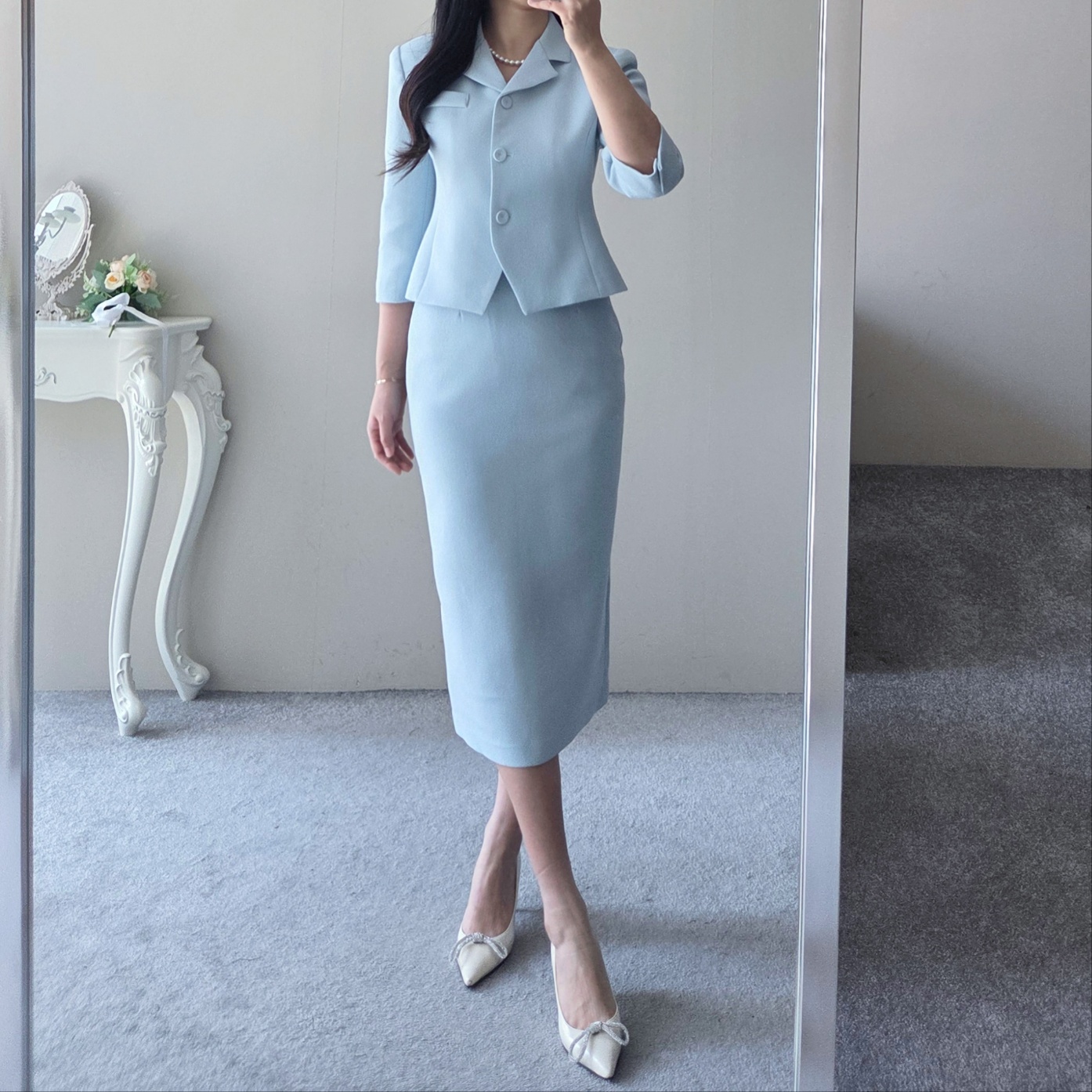 (단품, 세트가능) 라헨느 카라 슬림 숏 자켓 H 라인 하이웨이스트 롱 스커트 봄 투피스(2COLOR) 상세 이미지 9