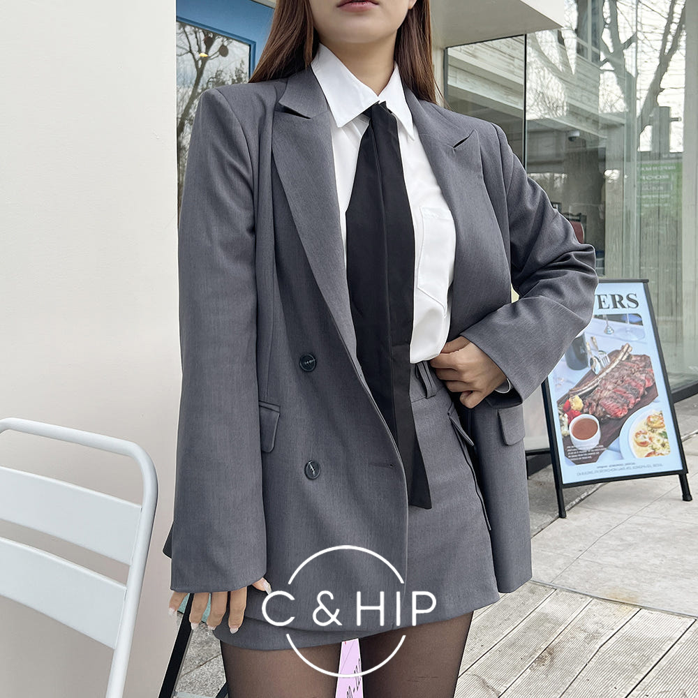 브리 하객룩 오버핏 박시 봄자켓 미니스커트 정장 투피스 (그레이/블랙) - 상품 이미지