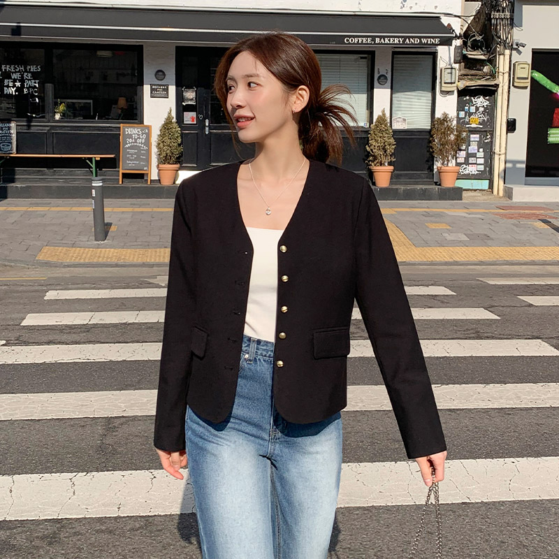 [자체제작] (하객룩) 여성 자켓 브이넥 노카라 자켓 골드버튼 하객룩 오피스 가을 정장 아우터 데일리 jk2977 - 상세 이미지 5