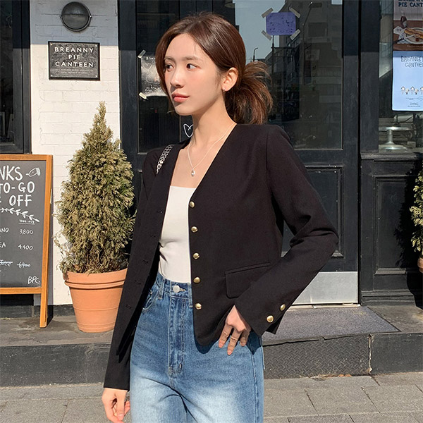 [자체제작] (하객룩) 여성 자켓 브이넥 노카라 자켓 골드버튼 하객룩 오피스 가을 정장 아우터 데일리 jk2977