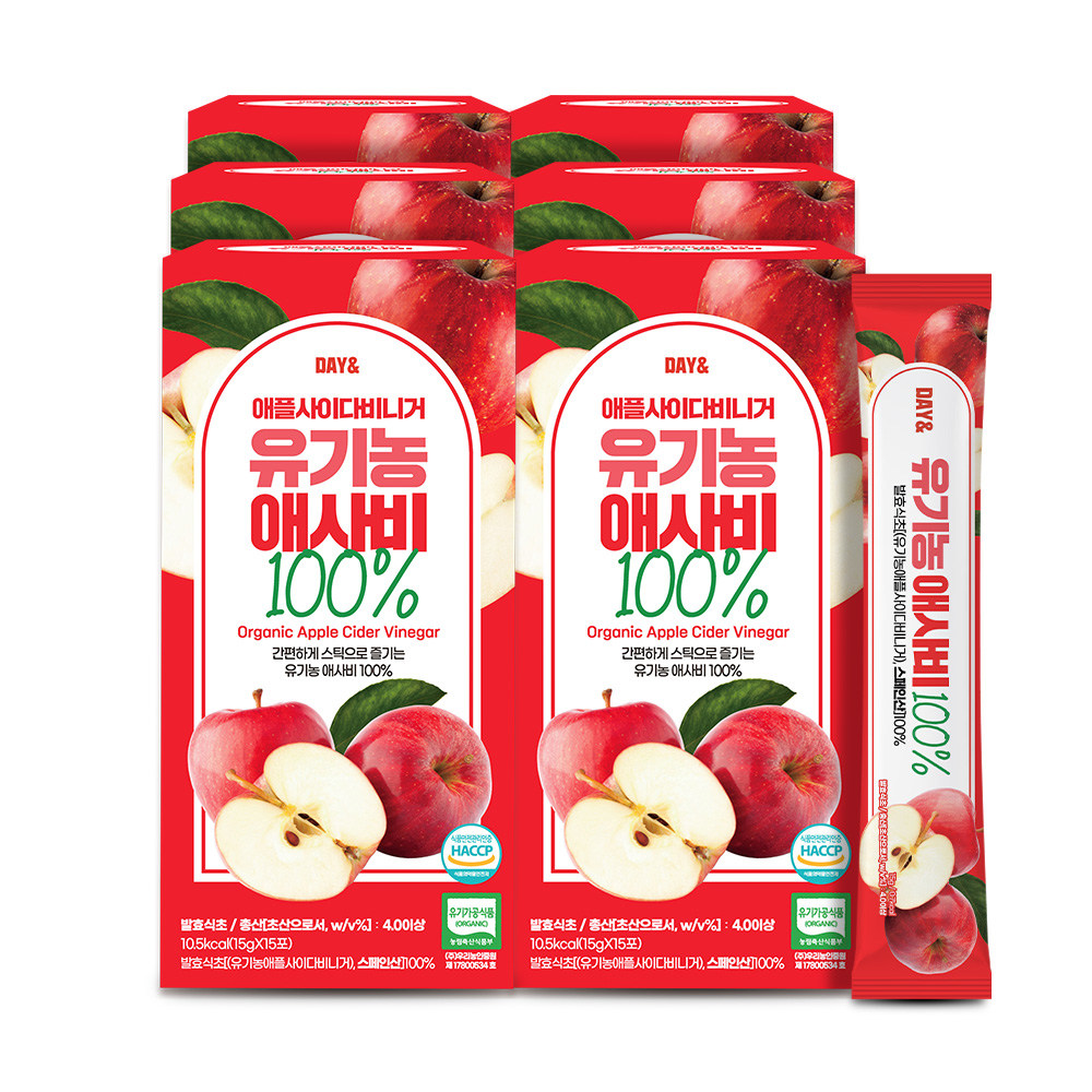 데이엔 유기농 사과식초 애플사이다비니거 애사비 스틱 15g 15포, 6개