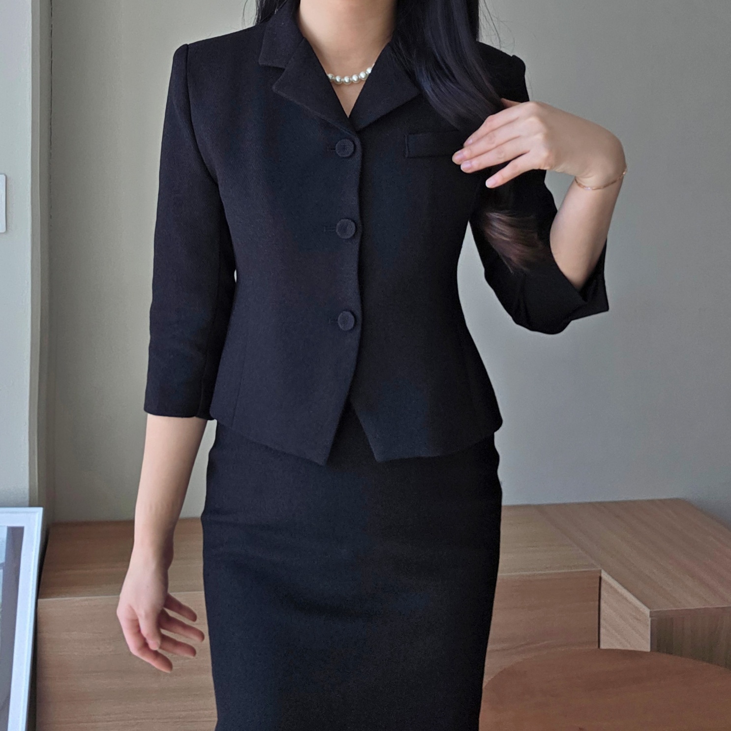 (단품, 세트가능) 라헨느 카라 슬림 숏 자켓 H 라인 하이웨이스트 롱 스커트 봄 투피스(2COLOR) 상세 이미지 3
