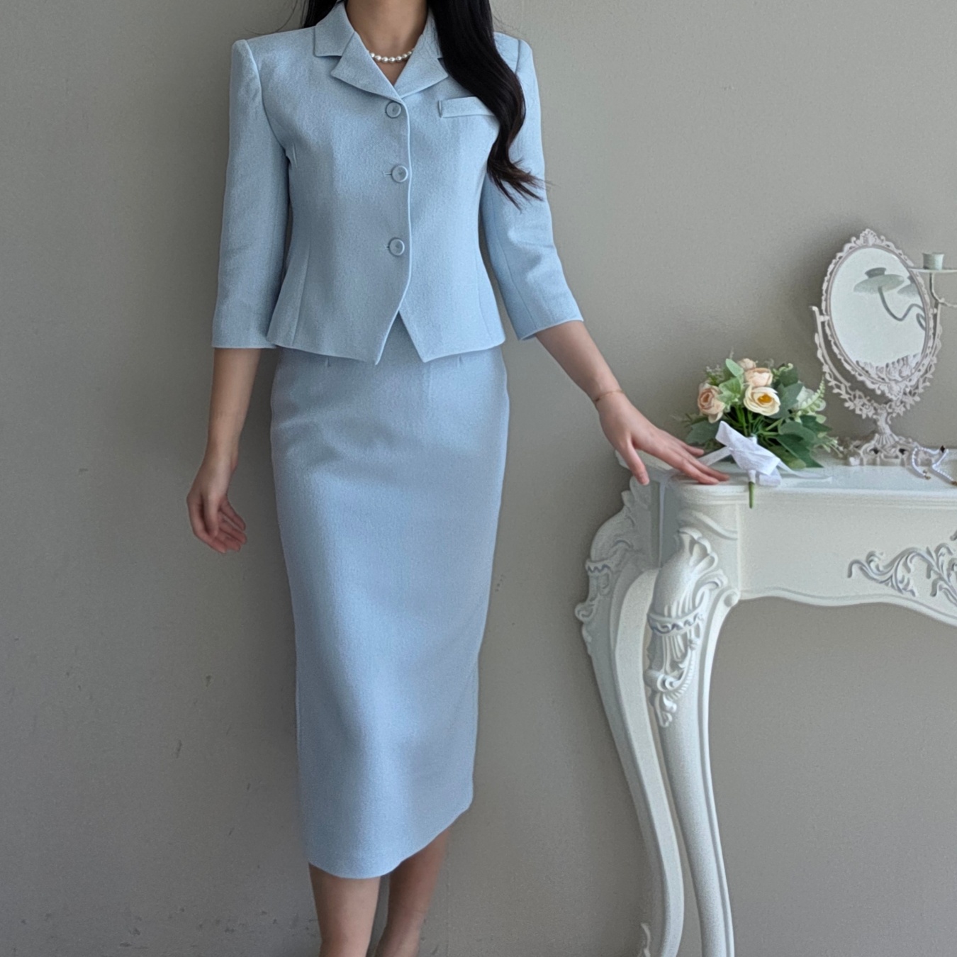(단품, 세트가능) 라헨느 카라 슬림 숏 자켓 H 라인 하이웨이스트 롱 스커트 봄 투피스(2COLOR) 상세 이미지 10