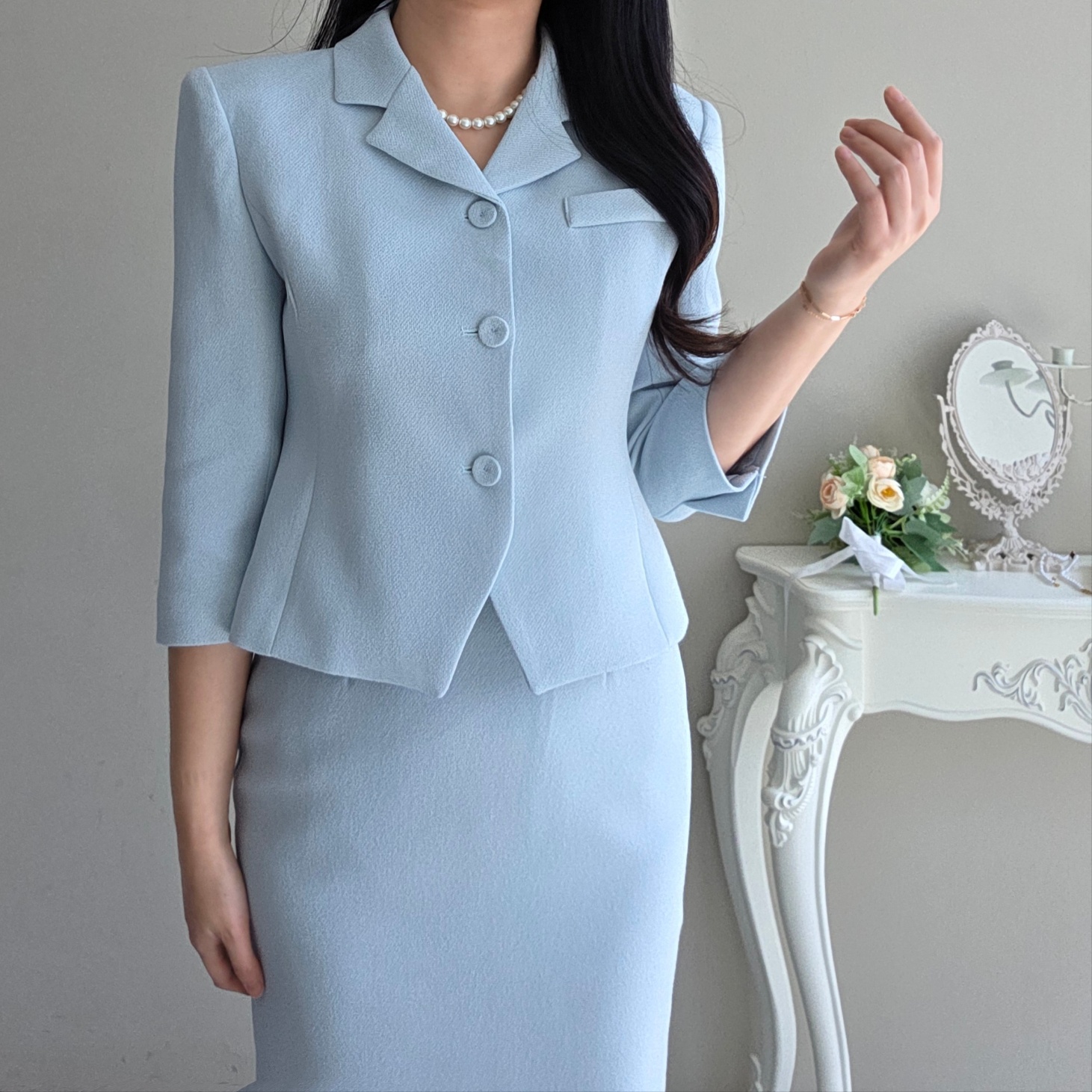 (단품, 세트가능) 라헨느 카라 슬림 숏 자켓 H 라인 하이웨이스트 롱 스커트 봄 투피스(2COLOR) 상세 이미지 13