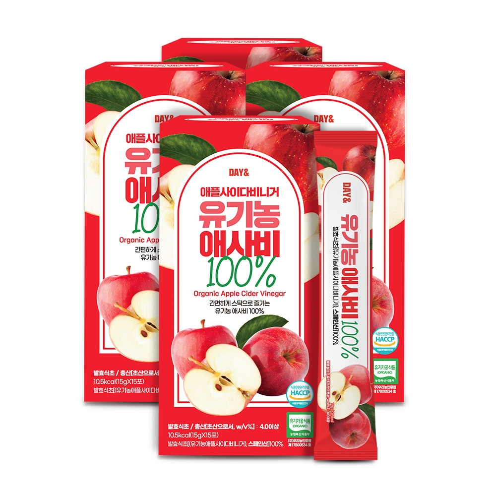 데이엔 유기농 사과식초 애플사이다비니거 애사비 스틱 15g 15포, 3개