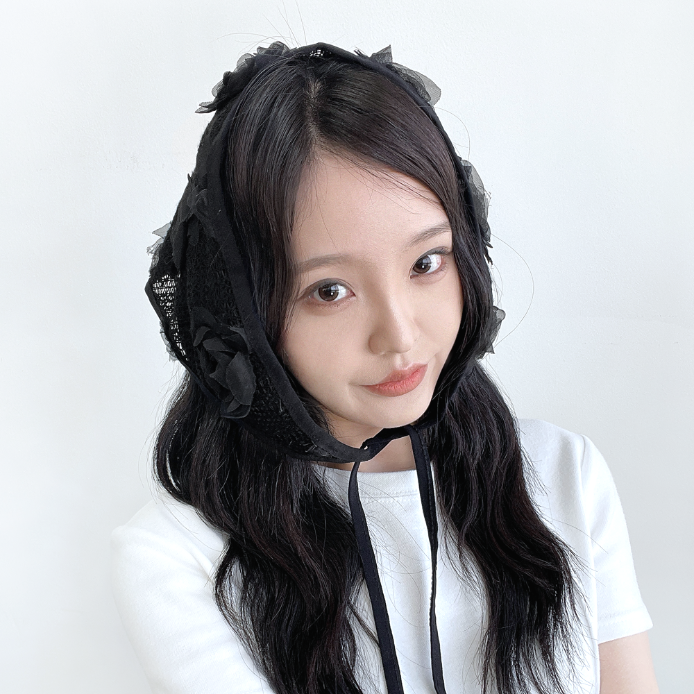 꽃 플라워 레이스 망사 헤어커치프 여성 여름 삼각 스카프 두건 - 상세 이미지 4
