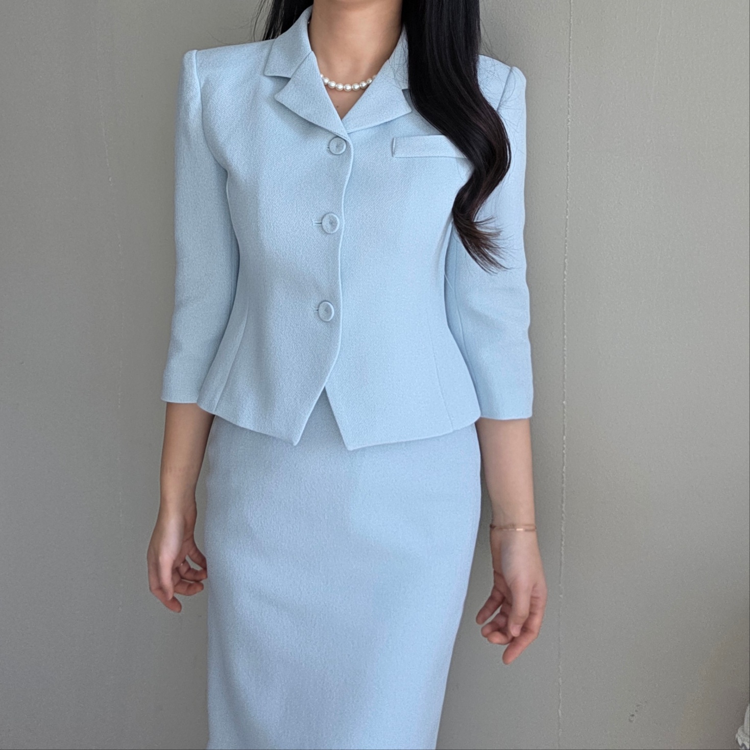 (단품, 세트가능) 라헨느 카라 슬림 숏 자켓 H 라인 하이웨이스트 롱 스커트 봄 투피스(2COLOR) 상세 이미지 11