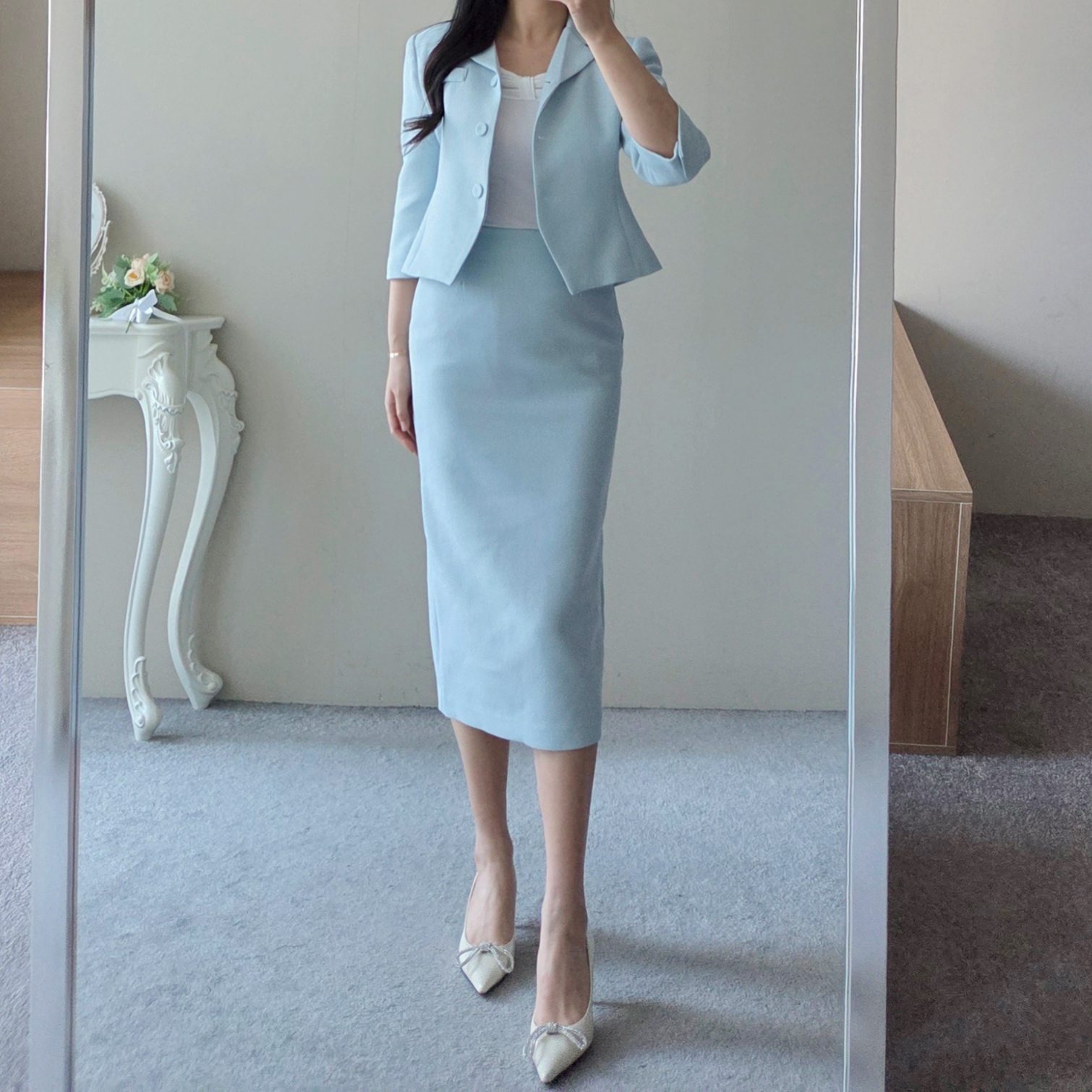 (단품, 세트가능) 라헨느 카라 슬림 숏 자켓 H 라인 하이웨이스트 롱 스커트 봄 투피스(2COLOR) 상세 이미지 5