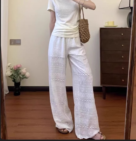 펀칭 빈티지 밴딩와이드팬츠 여름 봄 휴양지 시원 캐주얼 레이어드 화이트 블랙 - 상세 이미지 3