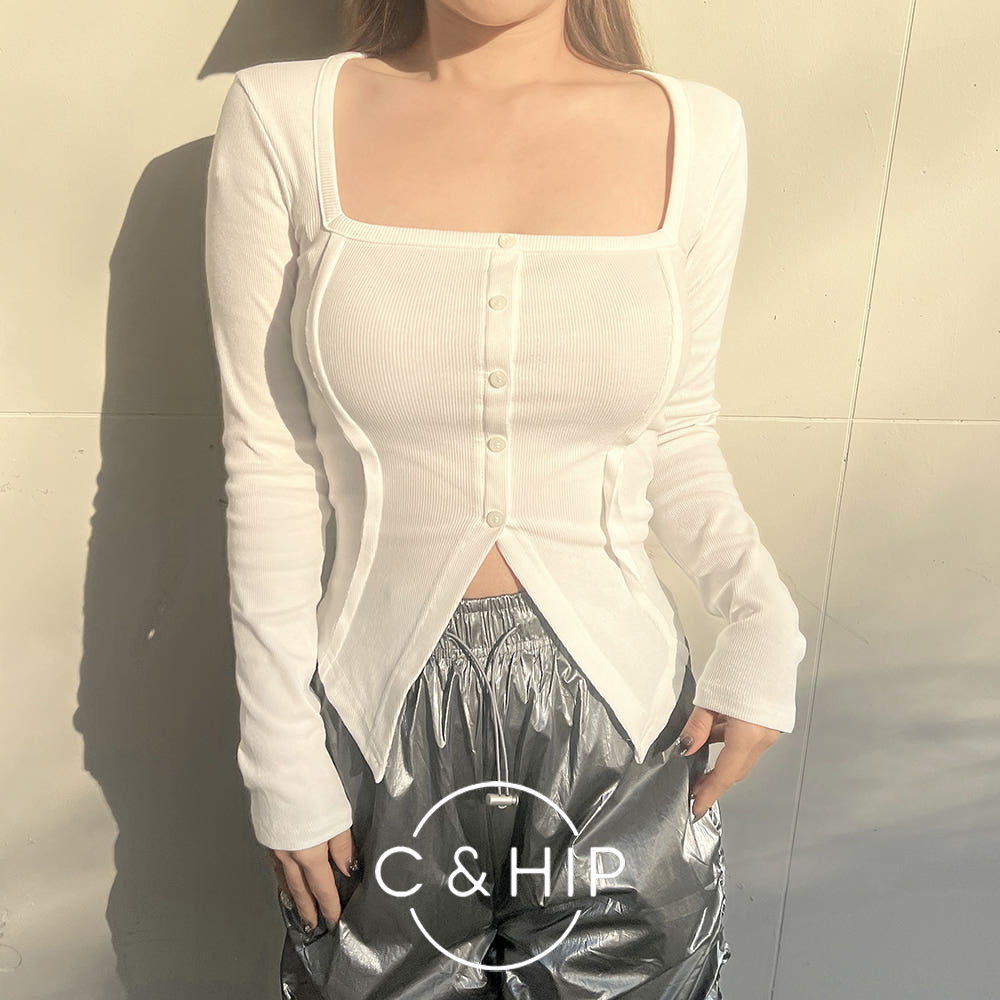 슬릿 버튼 슬림핏 쫀쫀 스판 스퀘어넥 긴팔티셔츠 3color 이미지