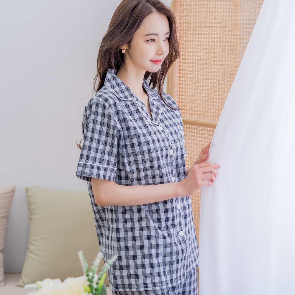 [에이원] 여성잠옷세트 잔체크 카라 반팔 실내복 파자마 홈웨어 이미지