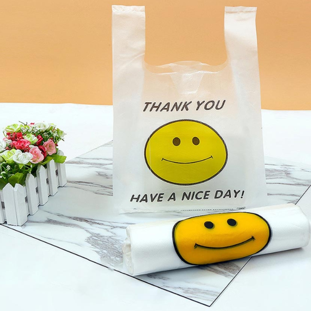 스마일 비닐봉투 쇼핑백 포장 손잡이 반투명 비닐봉지 비닐백 옷가게 소품샵 100p : whimsical-