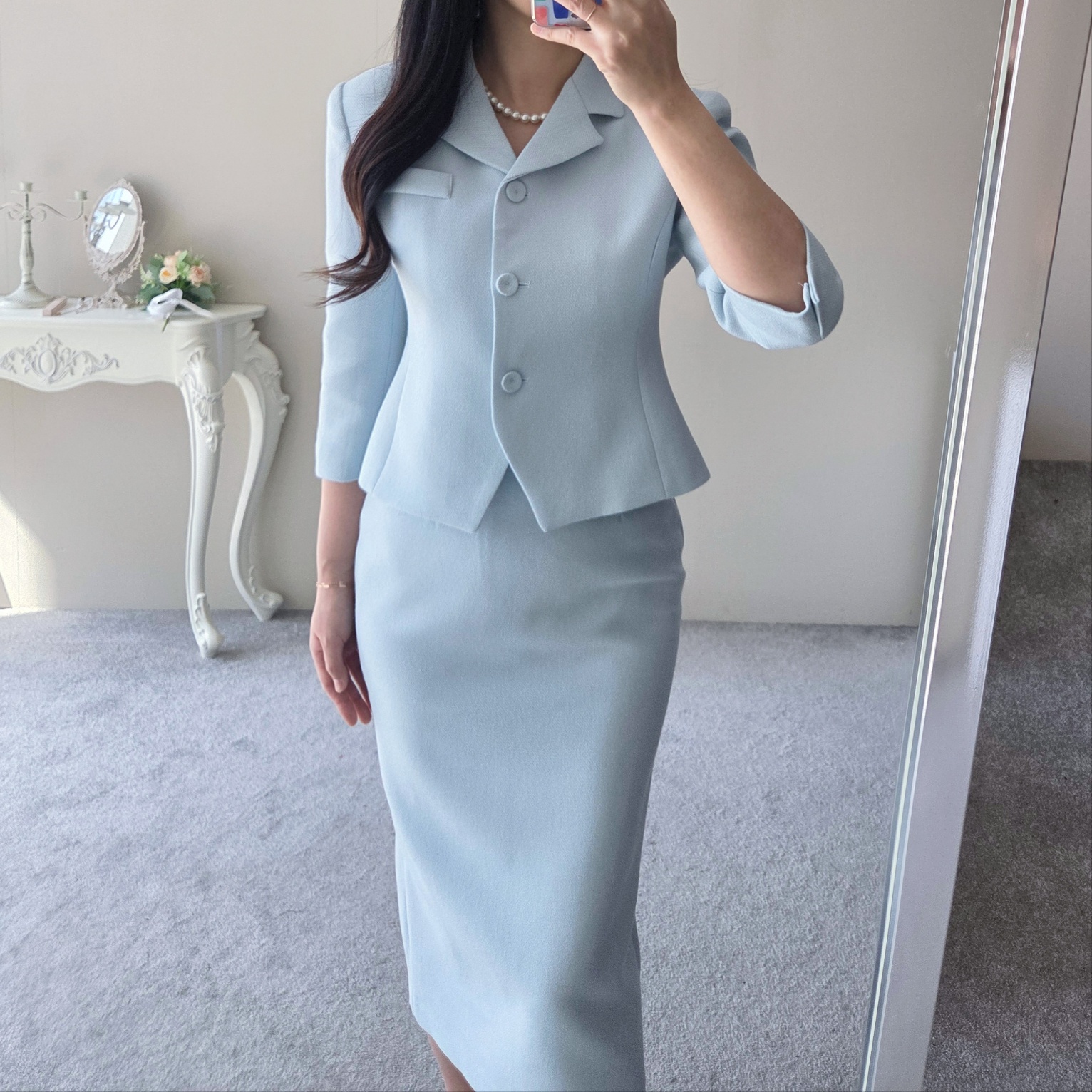 (단품, 세트가능) 라헨느 카라 슬림 숏 자켓 H 라인 하이웨이스트 롱 스커트 봄 투피스(2COLOR) 상세 이미지 15