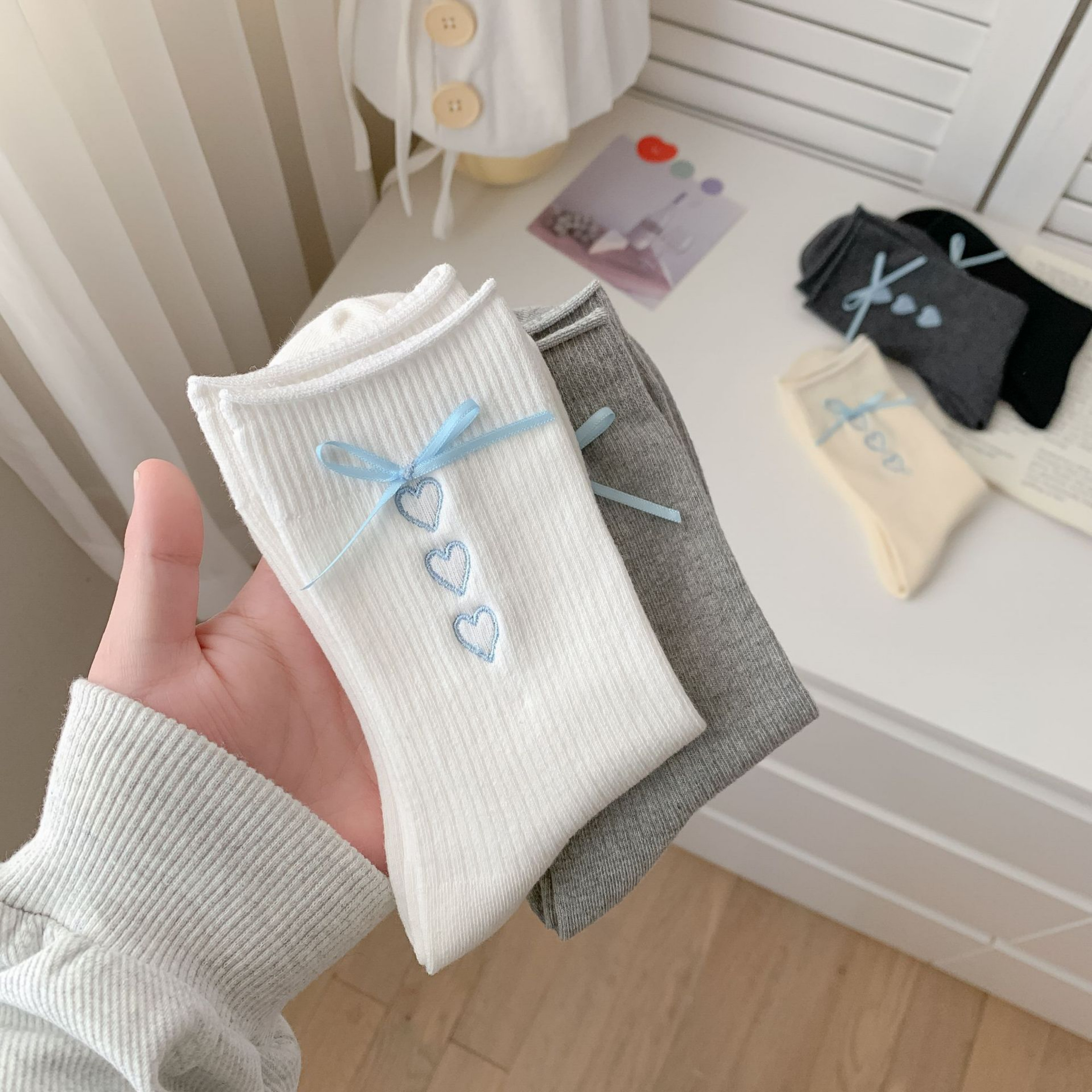 여자 사계절 면양말 하트자수 리본 골지 이미지 8