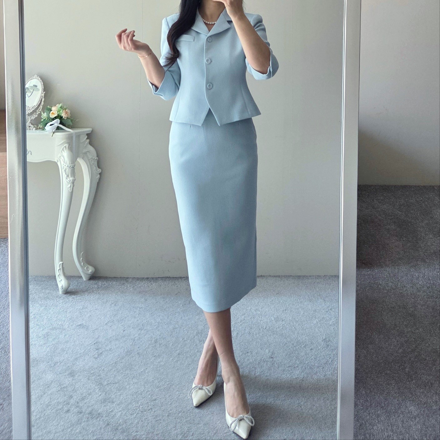 (단품, 세트가능) 라헨느 카라 슬림 숏 자켓 H 라인 하이웨이스트 롱 스커트 봄 투피스(2COLOR) 상세 이미지 20