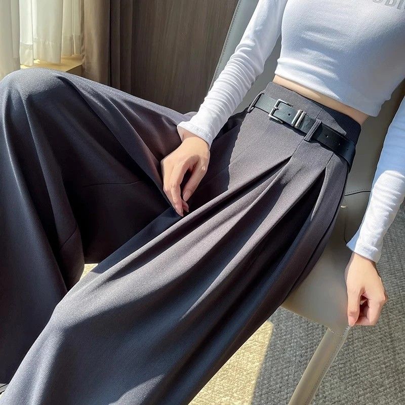 여성정장바지 봄가을 루즈핏 하이웨스트 벨트 정장와이드팬츠 - 상세 이미지 4