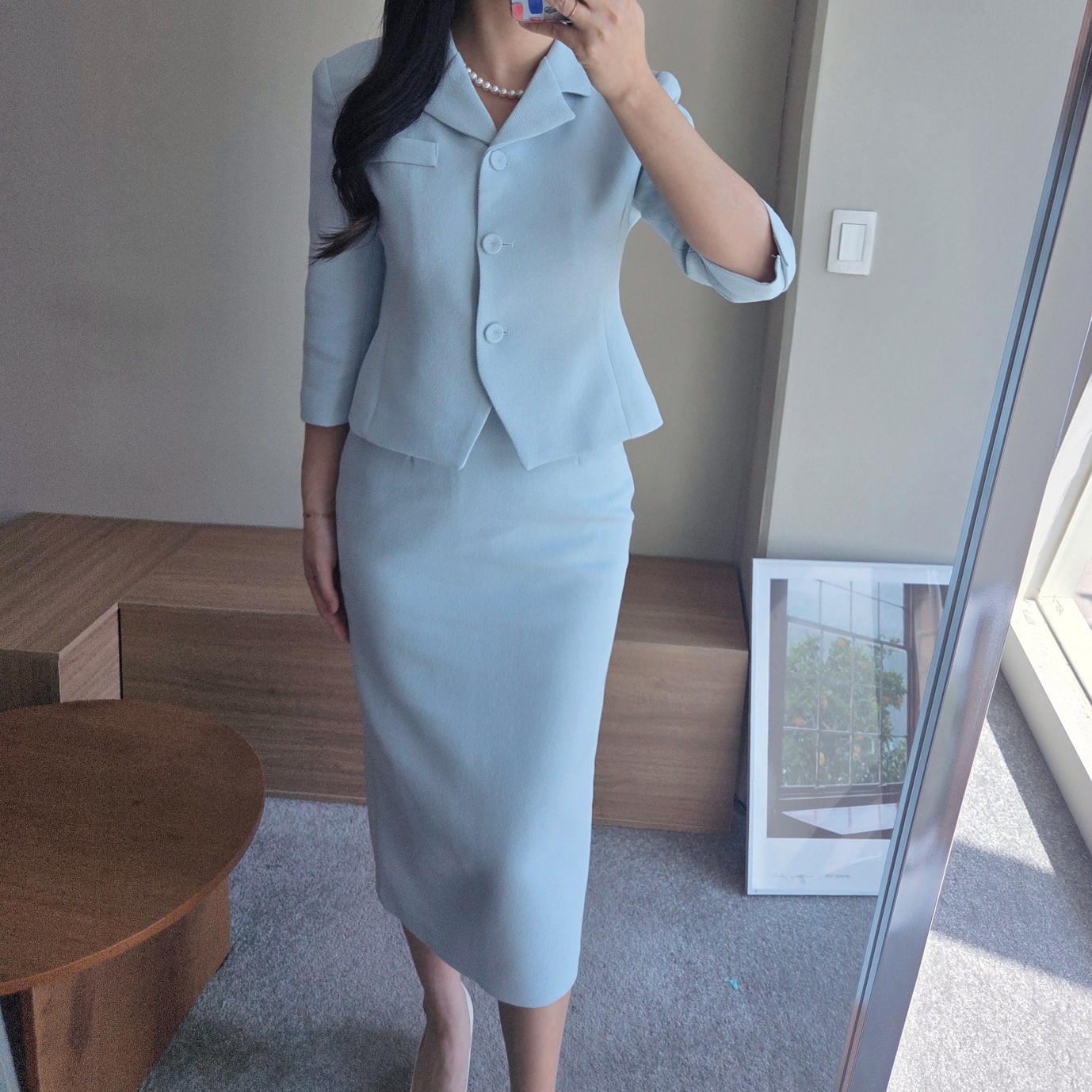(단품, 세트가능) 라헨느 카라 슬림 숏 자켓 H 라인 하이웨이스트 롱 스커트 봄 투피스(2COLOR) 상세 이미지 16