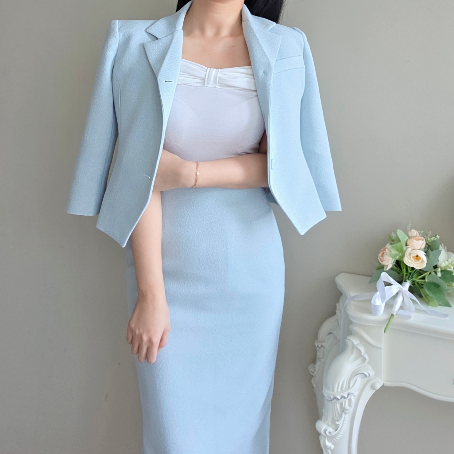 (단품, 세트가능) 라헨느 카라 슬림 숏 자켓 H 라인 하이웨이스트 롱 스커트 봄 투피스(2COLOR) 상세 이미지 6