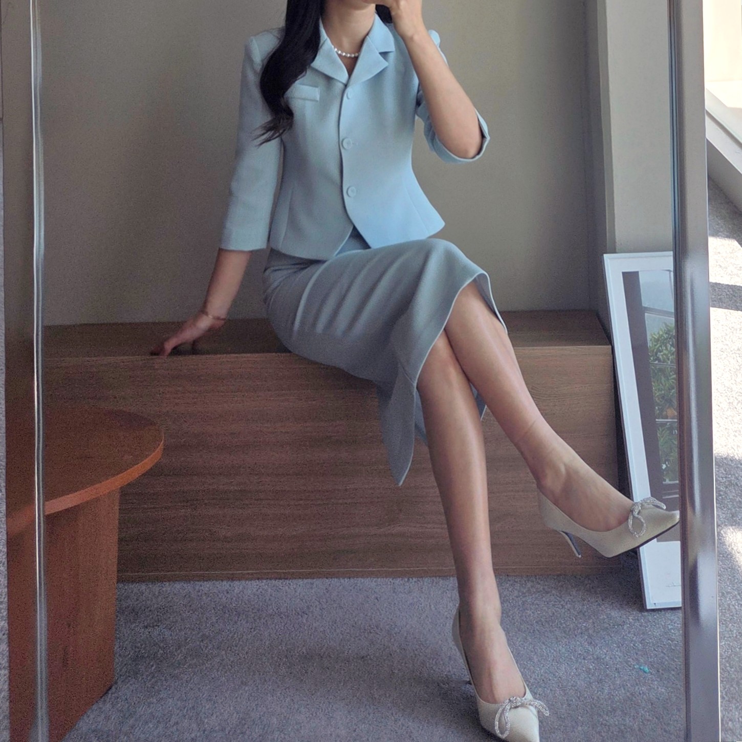 (단품, 세트가능) 라헨느 카라 슬림 숏 자켓 H 라인 하이웨이스트 롱 스커트 봄 투피스(2COLOR) 상세 이미지 19
