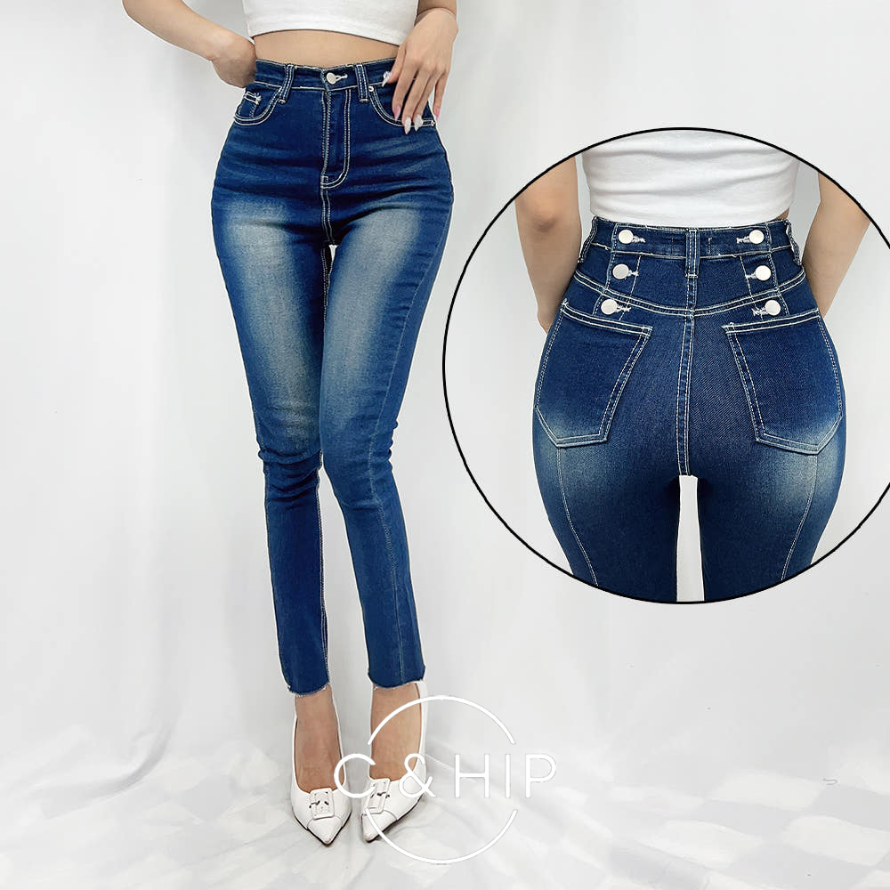 뒷버튼 절개 진청 스판 데님 섹시 하이웨스트 스키니진 - 상품 이미지