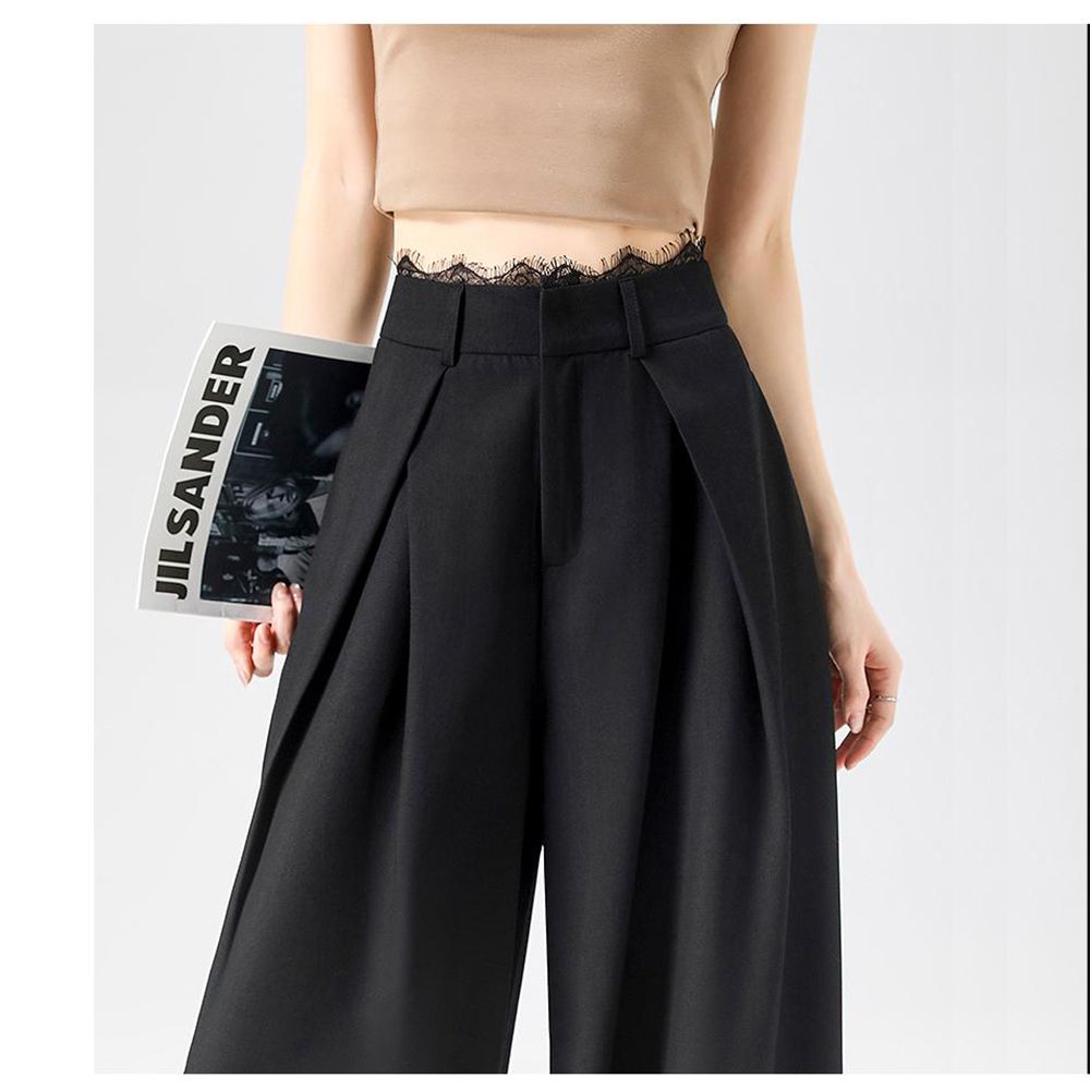 여성 레이스 정장바지 하이웨스트 루즈핏 키높이 캐주얼 와이드팬츠 - 상세 이미지 5