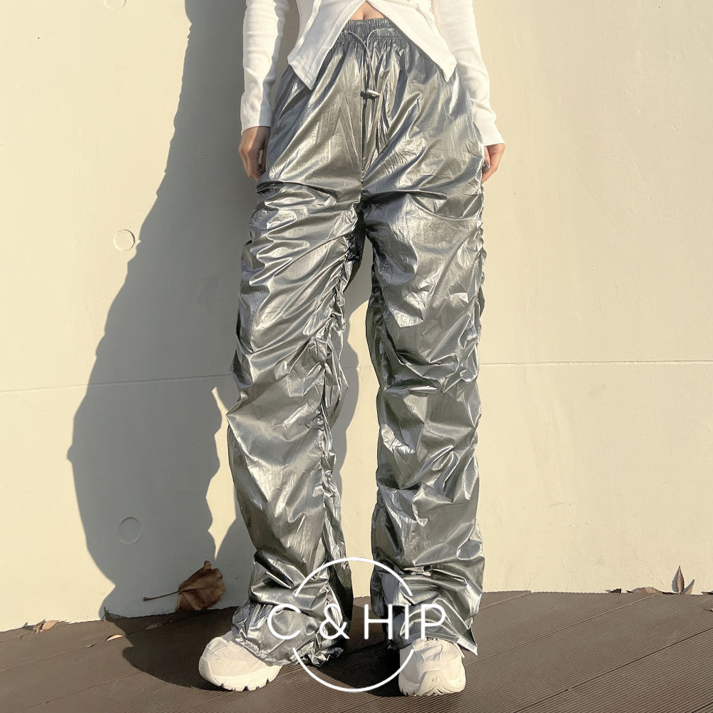 하이 메탈 유광 글로시 실버 스트링 셔링팬츠 3color - 상품 이미지