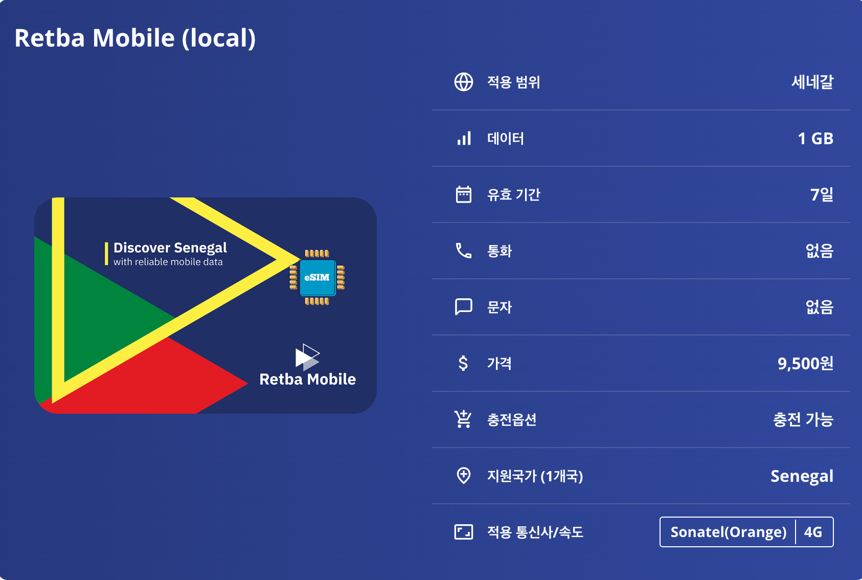 세네갈 로컬망 이심 eSIM Sonatel(Orange) 다카르 생루이 음부르 투바 지긴쇼르 고레섬 핑크 레이크 니오콜로코바 국립공원 이심통 - 상세 이미지 5