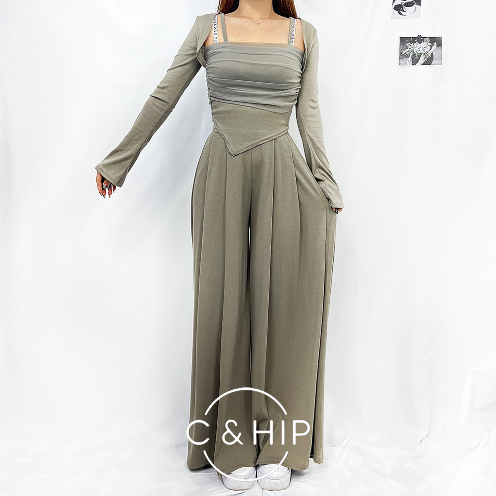 캣지 시스루 망사 세트 휴양지 여행룩 와이드팬츠 투피스 세트 3color - 메인 이미지
