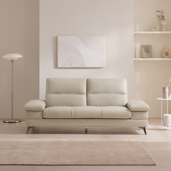 삼익가구 사이먼 통가죽 천연면피 소파 스툴미포함, 라이트베이지, 3인용