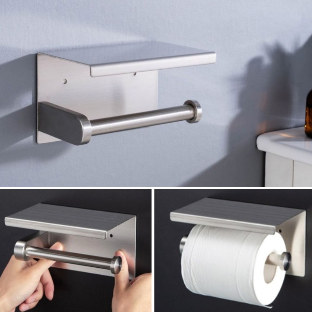 무타공 선반휴지걸이 스텐 실버 두루마리 휴지 거치대 타공 가능