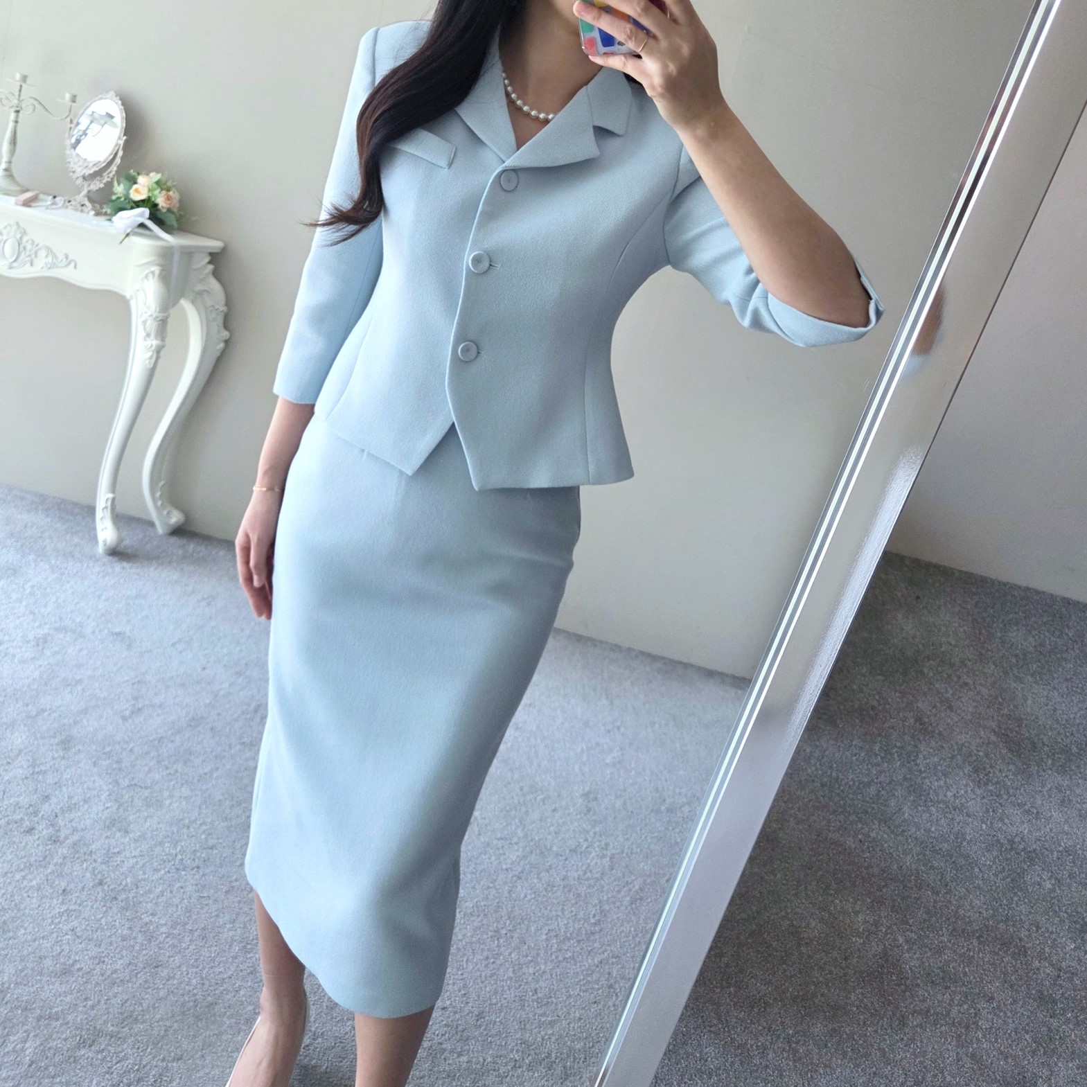 (단품, 세트가능) 라헨느 카라 슬림 숏 자켓 H 라인 하이웨이스트 롱 스커트 봄 투피스(2COLOR) 상세 이미지 17