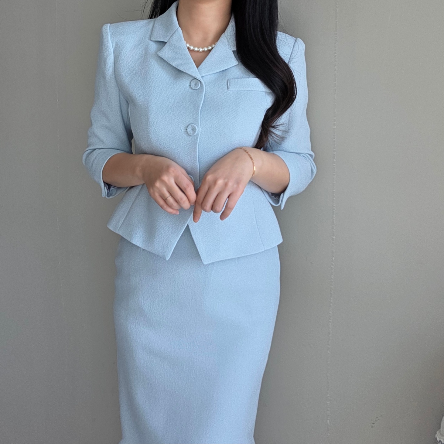 (단품, 세트가능) 라헨느 카라 슬림 숏 자켓 H 라인 하이웨이스트 롱 스커트 봄 투피스(2COLOR) 상세 이미지 12