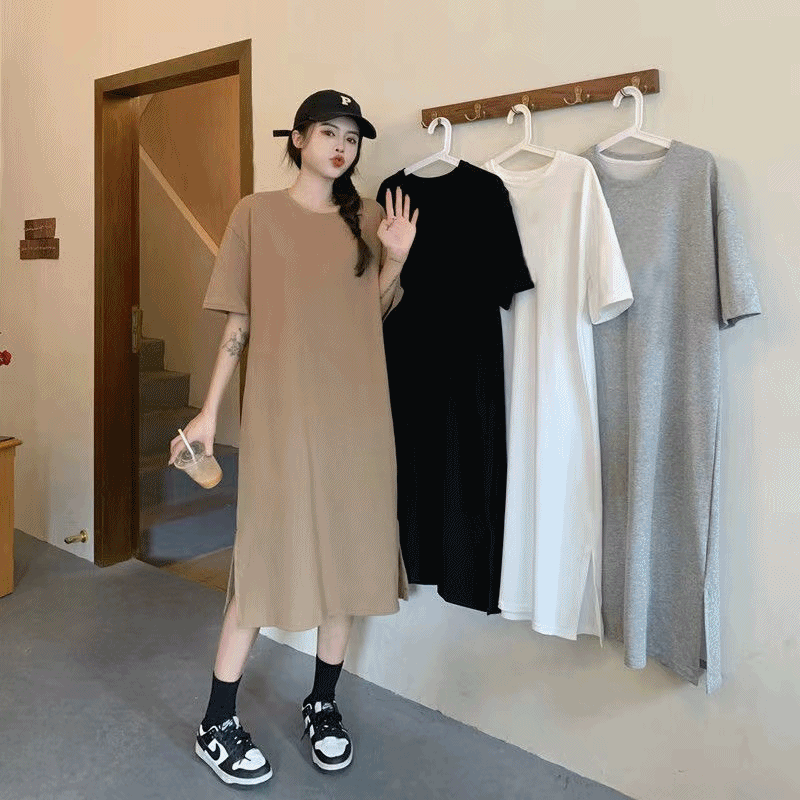 티어 반팔 라운드넥 트임 루즈핏 캐주얼 무지 롱 원피스 - 상품 이미지