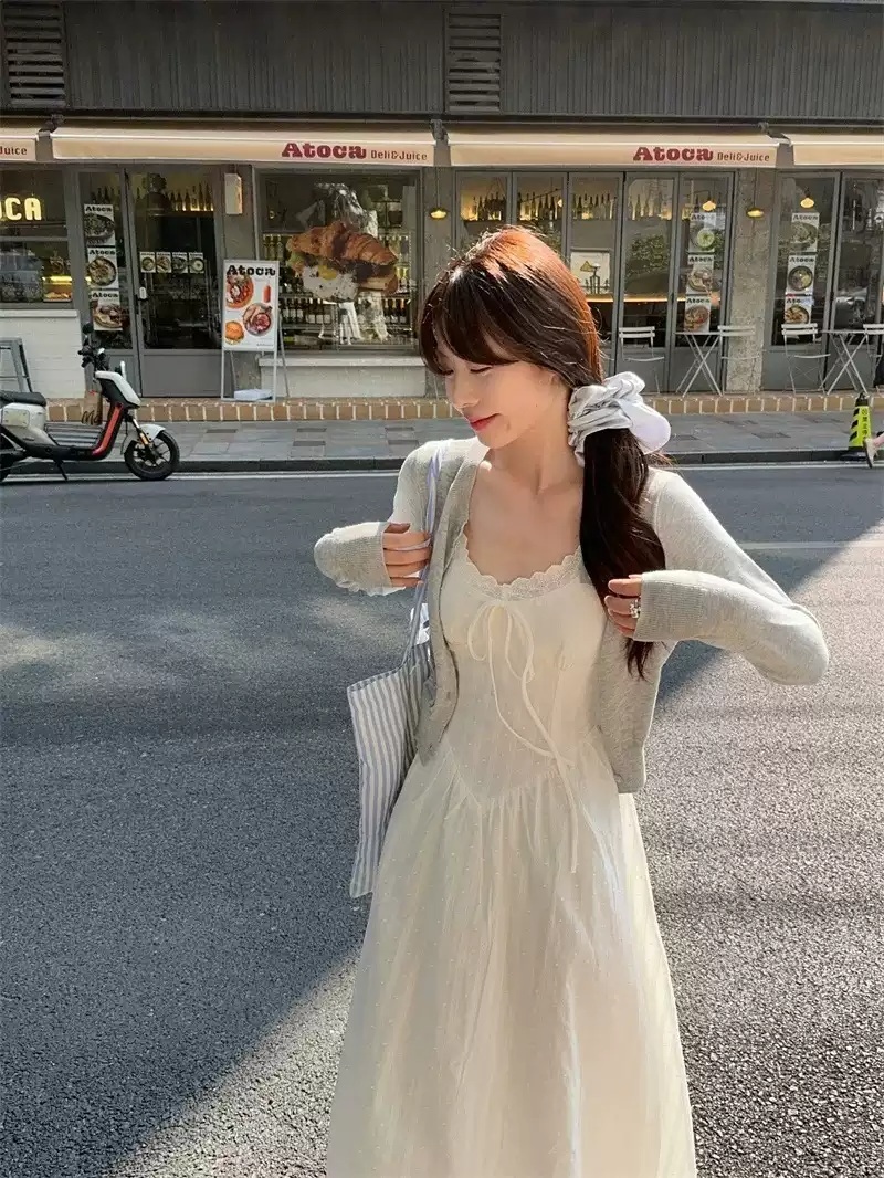 뷔스티에 레이스 원피스 순면 청순 리본 레이스 봄 여름 화이트 여친룩 패션 코디 - 상세 이미지 4
