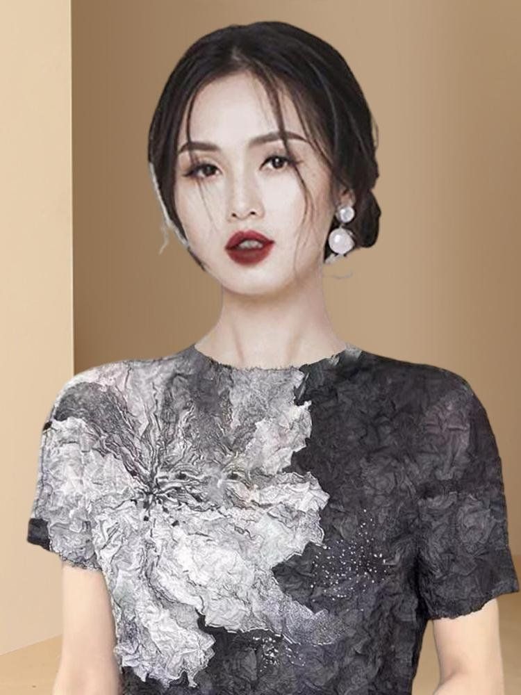 블랙 라인 댄스복 상의 화려한 쉬폰 2025 봄 신상 티셔츠 라틴 밸리 방송 댄스 상의 - 상세 이미지 3