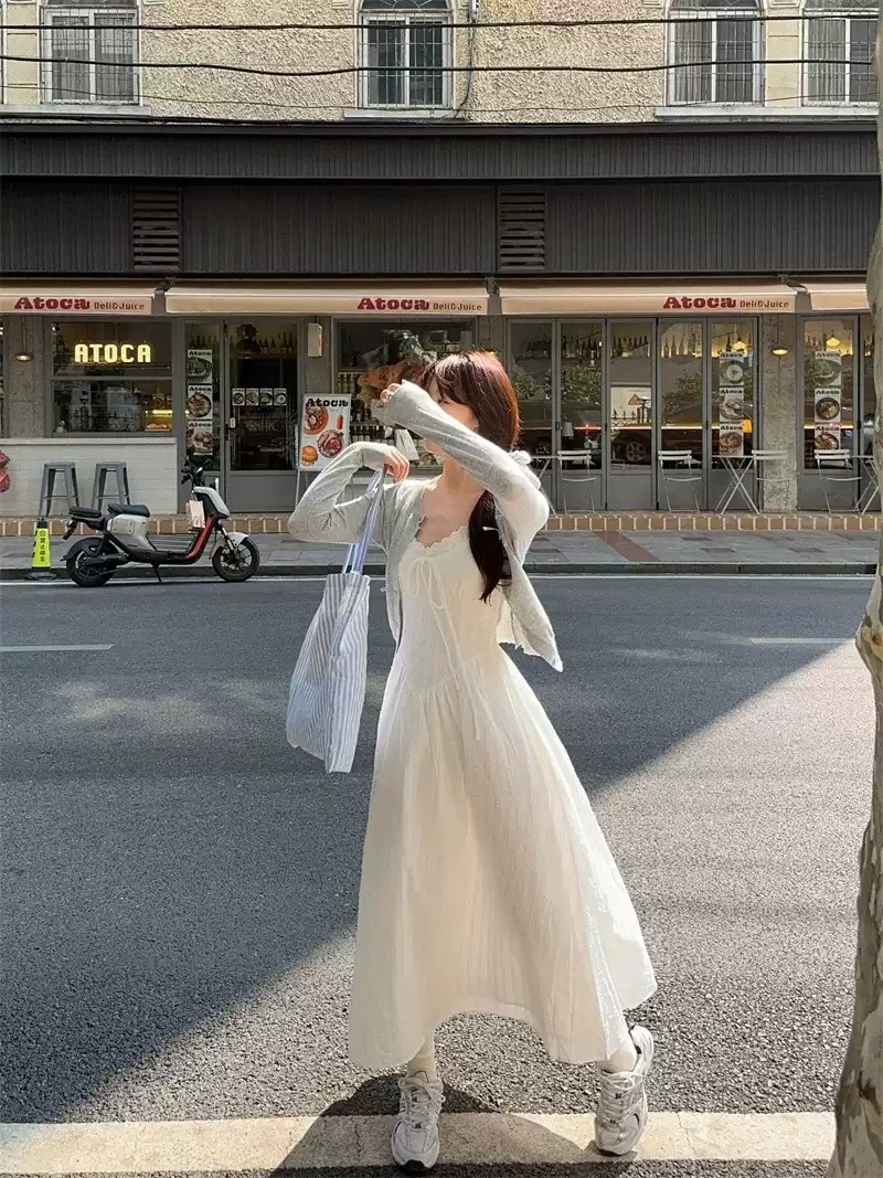 뷔스티에 레이스 원피스 순면 청순 리본 레이스 봄 여름 화이트 여친룩 패션 코디 - 상세 이미지 2