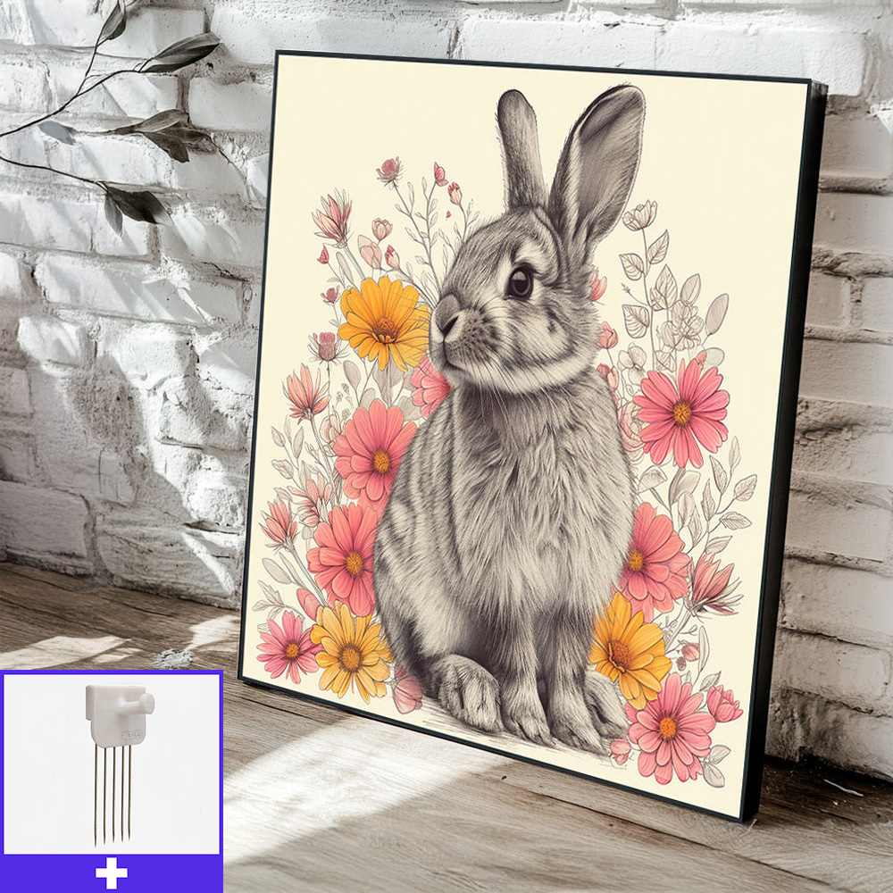 토끼와봄꽃 45x45cm 무광블랙 알루미늄액자 토끼그림 - 메인 이미지