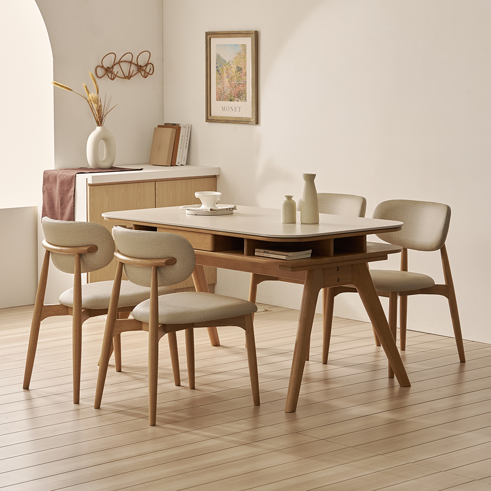 오슬로 4인용 저소음 테이블 포세린 세라믹 수납형 식탁세트 식탁+의자4, 1400mm, 쿠키