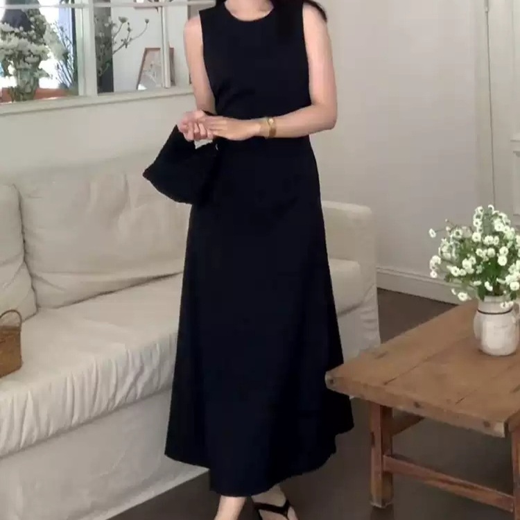 민소매 여름 원피스 뒷리본포인트 블랙 화이트 심플 클래식 휴가 청순 무난 2컬러 - 상품 이미지