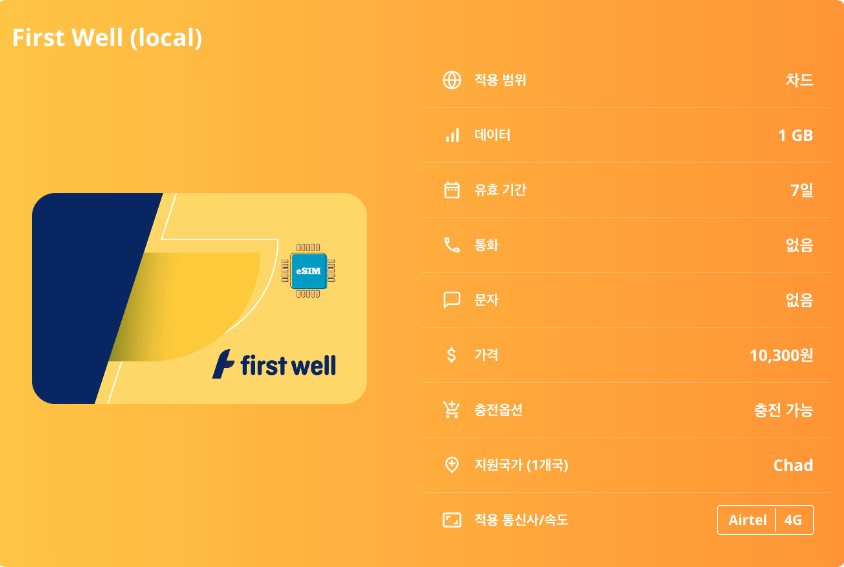 차드 이심 eSIM Airtel 은자메나 몬두 사르 아베셰 엔네디 사막 티빌리 호수 자쿠마 국립공원 고자 베디 산맥 아오우아스 호수 이심통 - 상세 이미지 5