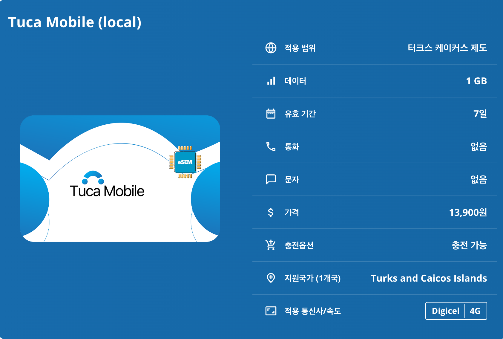 터크스 케이커스 제도 이심 eSIM Digicel 프로비덴시알레 그랜드 터크 노스 케이커스 미들 케이커스 사우스 케이커스 그레이스 베이 비치 코랄 가든 이심통 - 상세 이미지 5