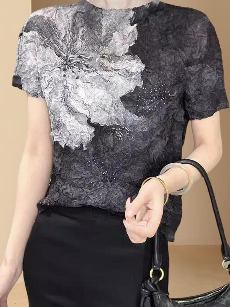 블랙 라인 댄스복 상의 화려한 쉬폰 2025 봄 신상 티셔츠 라틴 밸리 방송 댄스 상의 - 상세 이미지 4