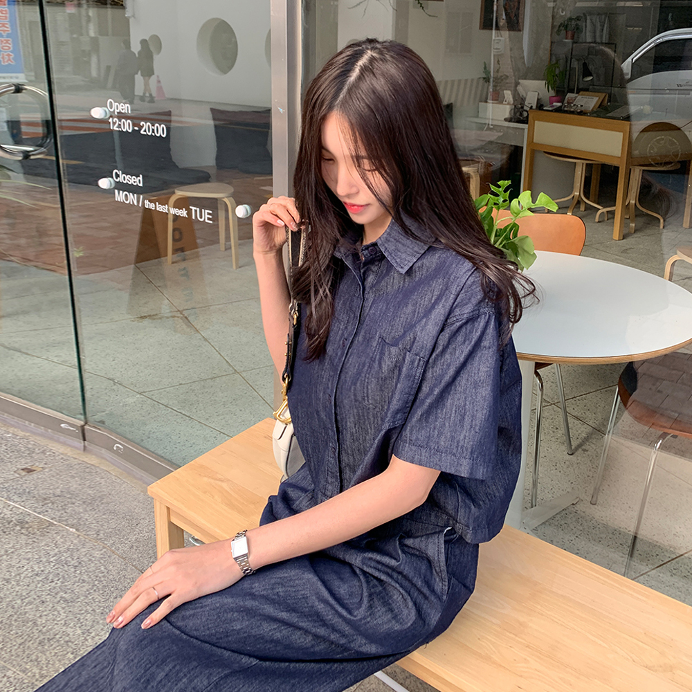 스리타 데님 세미크롭 반팔셔츠 랩스커트 밴딩 팬츠 세트 - 상세 이미지 4