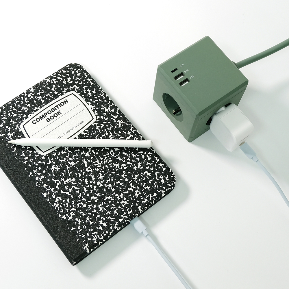 에코너 MT03 큐브 납작 고용량멀티탭 USB C타입충전기 멀티콘센트 3m, 그린, 1개 - 상품 이미지
