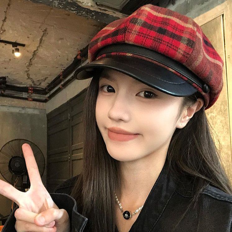 빵 모자 화가 여성 가죽  체크 귀여운 복고풍 패션 여자 - 상품 이미지